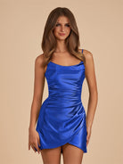 Vaya | Royal Blue - Sheath Spaghetti Straps Pleated Satin Short Homecoming Dress - KissProm