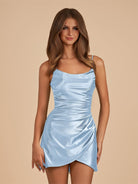 Vaya | Sky Blue - Sheath Spaghetti Straps Pleated Satin Short Homecoming Dress