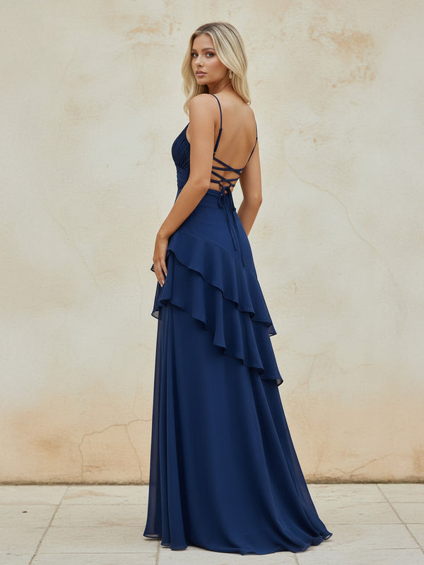 KissProm-Navy Blue Sheath Spaghetti Straps Chiffon Long Prom Dresses with Ruffles