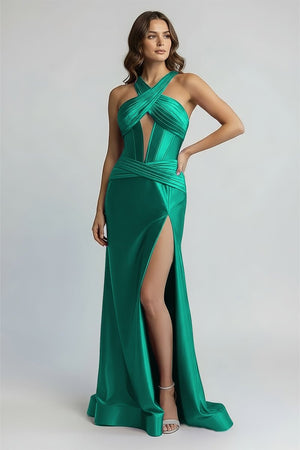 Veda | Green Satin Mermaid Slit Prom Dress with Criss Cross Neck - KissProm