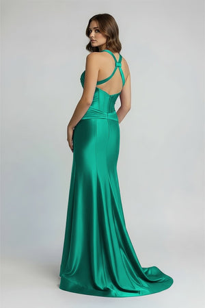 Veda | Green Satin Mermaid Slit Prom Dress with Criss Cross Neck - KissProm