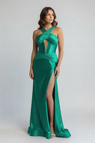 Veda | Green Satin Mermaid Slit Prom Dress with Criss Cross Neck - KissProm