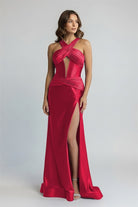 Veda | Green Satin Mermaid Slit Prom Dress with Criss Cross Neck - KissProm