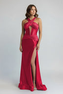 Veda | Green Satin Mermaid Slit Prom Dress with Criss Cross Neck - KissProm