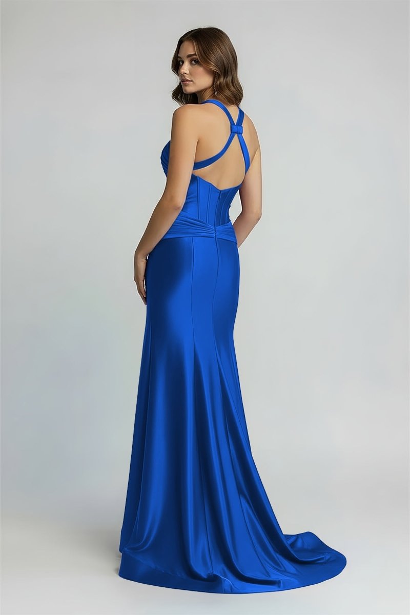 Veda | Green Satin Mermaid Slit Prom Dress with Criss Cross Neck - KissProm