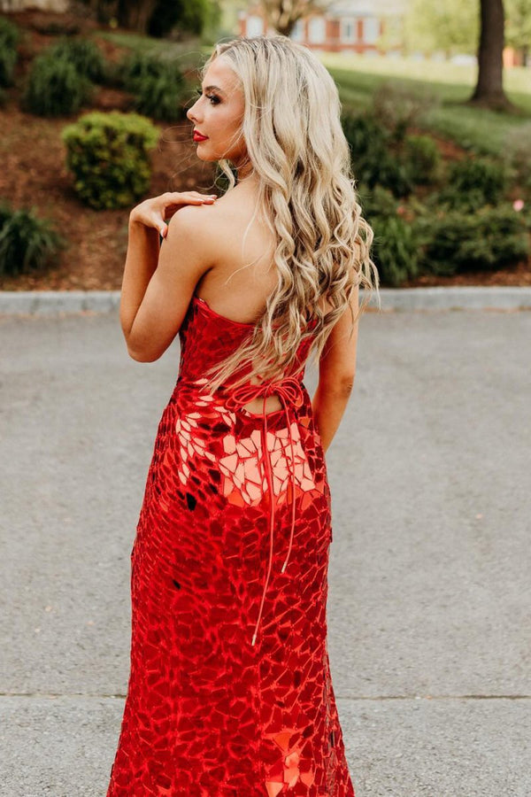 Veilance | Red Strapless Mermaid Sequins Long Prom Dresses With Split - KissProm