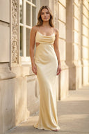 Champagne Spaghetti Straps Mermaid Satin Long Formal Dress - KissProm