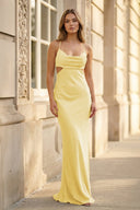 Champagne Spaghetti Straps Mermaid Satin Long Formal Dress - KissProm