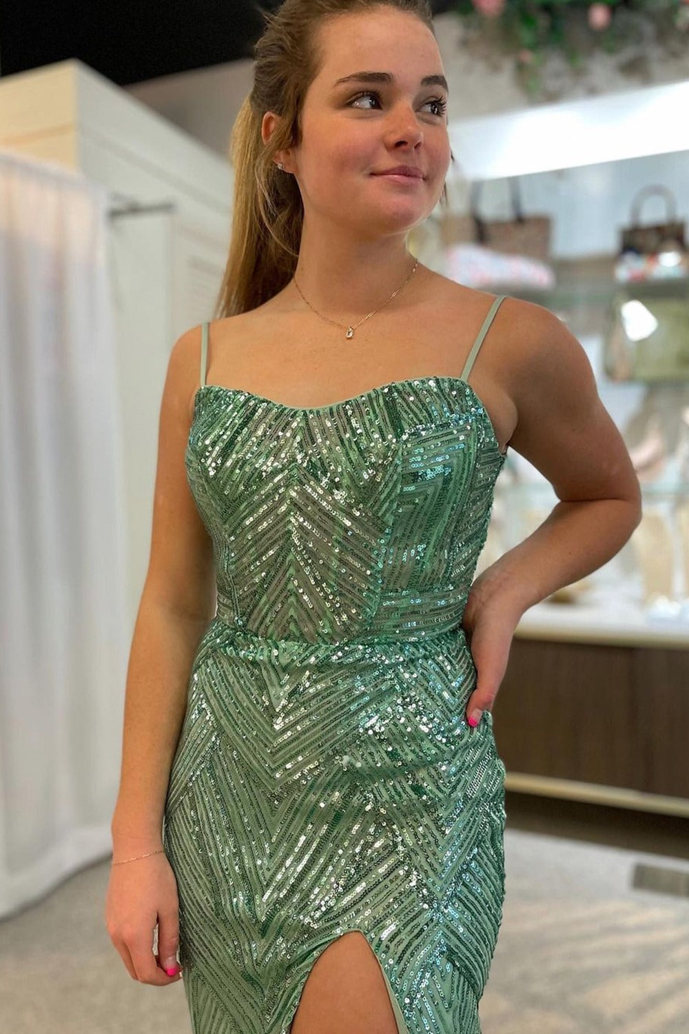 Emerald Spaghetti Straps Sequins Prom Dress With Slit and Pleated