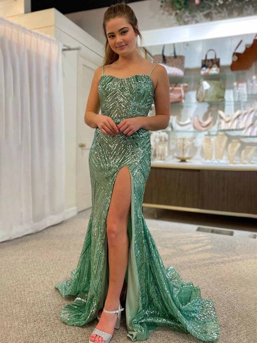 Veilure | Green Spaghetti Straps Sequins Mermaid Prom Dress with Slit - KissProm