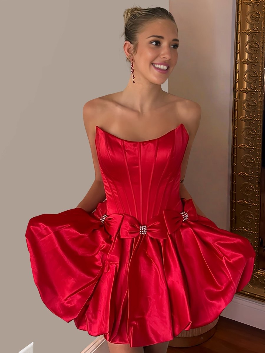 Vela | Red - Strapless A Line Satin Short Homecoming Dresses With Bow