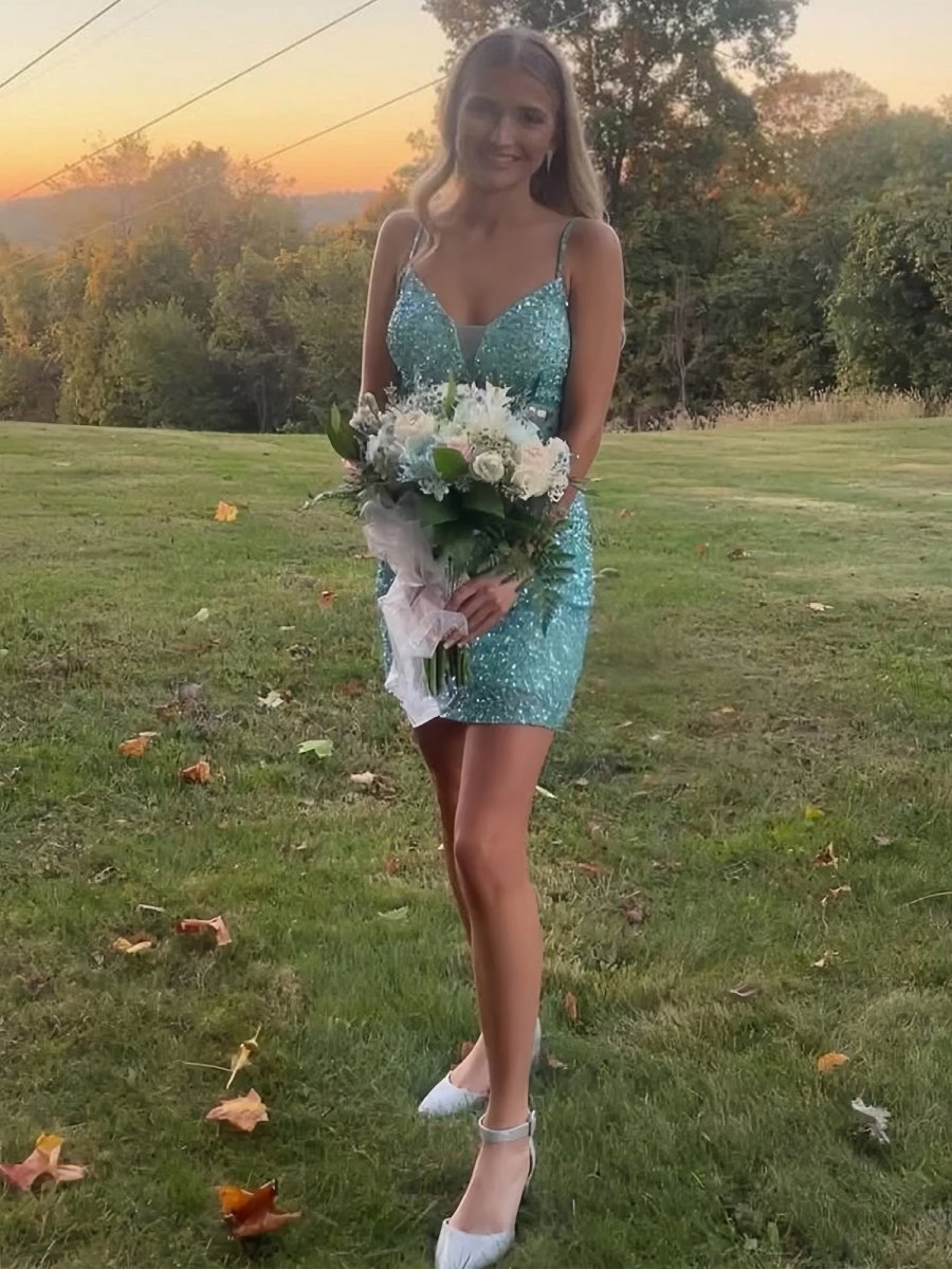 Velina | Mint Green - Bodycon V Neck Sequined Homecoming Dresses