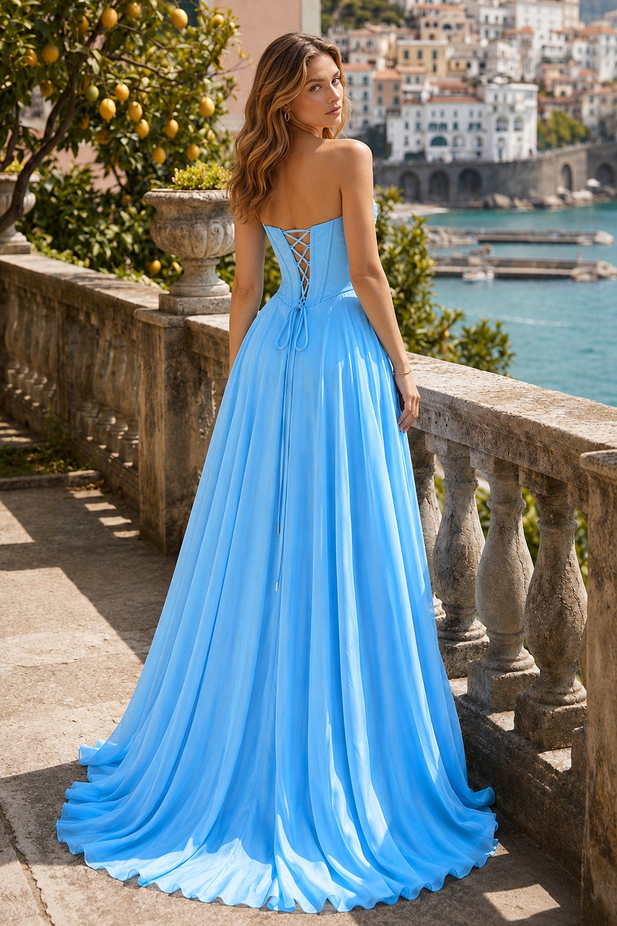 KissProm Pink A Line Strapless Pleated Chiffon Long Prom Dress with Bow, Blue / 6