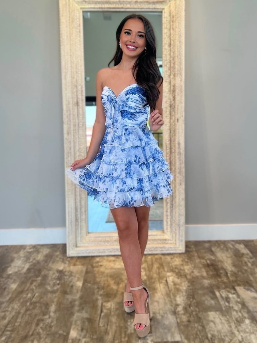 Blue - A-line Sweetheart Floral Printed Chiffon Ruffles Short Homecoming Dresses, Blue / 4 Blue - A-line Sweetheart Floral Printed Chiffon Ruffles Short Homecoming Dresses, Blue / 4