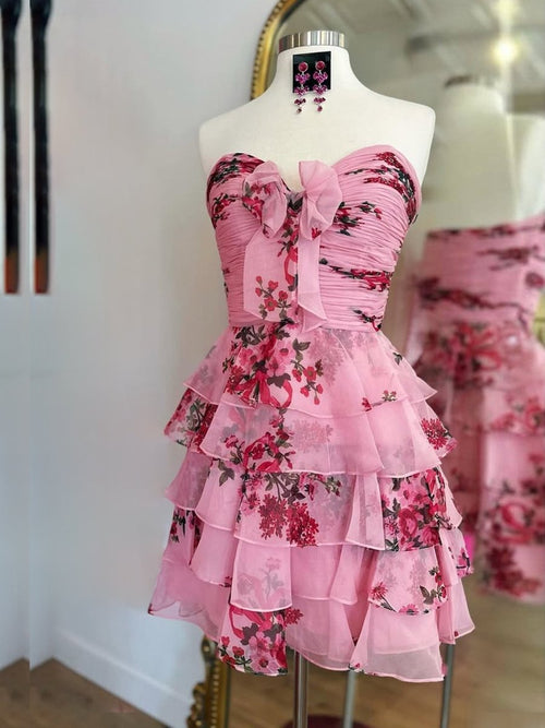 Veloria | Pink - A-line Strapless Floral Printed Chiffon Ruffles Short Homecoming Dresses