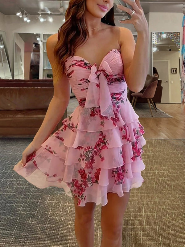 Veloria | Pink - A-line Strapless Floral Printed Chiffon Ruffles Short Homecoming Dresses