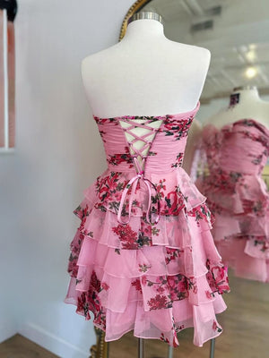 Veloria | Pink - A-line Strapless Floral Printed Chiffon Ruffles Short Homecoming Dresses