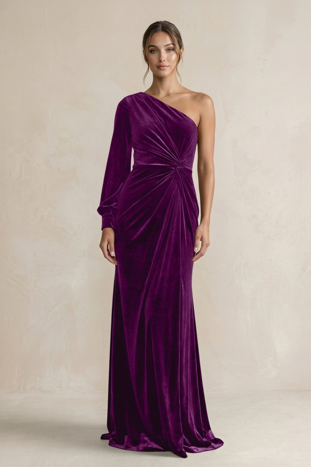 Velvet One Shoulder Sheath Long Sleeve Bridesmaid Dress in Amethyst - KissProm Bridesmaid Dresses