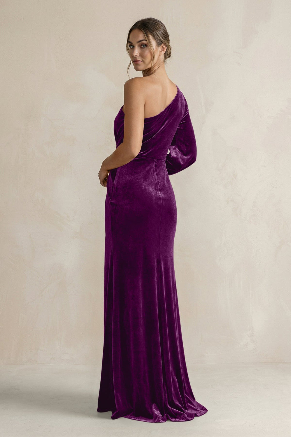 Velvet One Shoulder Sheath Long Sleeve Bridesmaid Dress in Amethyst - KissProm Bridesmaid Dresses