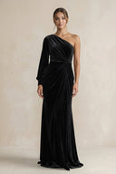Velvet One Shoulder Sheath Long Sleeve Bridesmaid Dress in Black - KissProm Bridesmaid Dresses