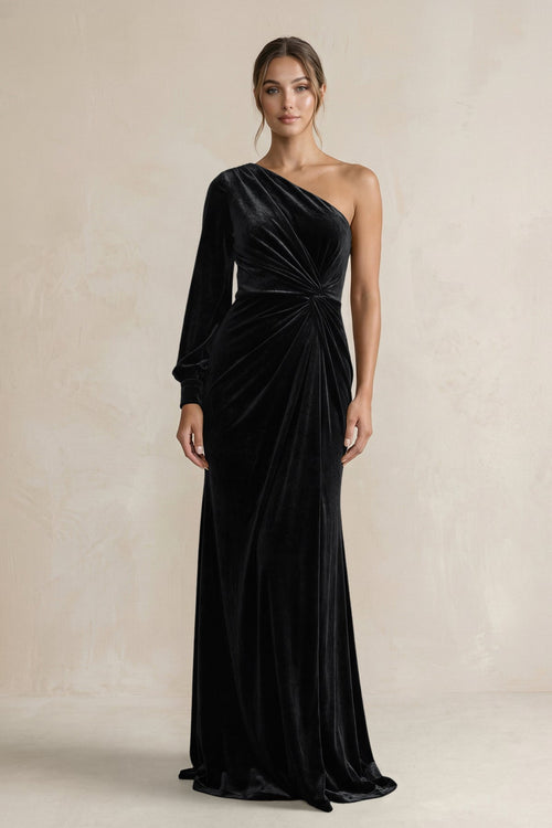 Velvet One Shoulder Sheath Long Sleeve Bridesmaid Dress in Black - KissProm Bridesmaid Dresses
