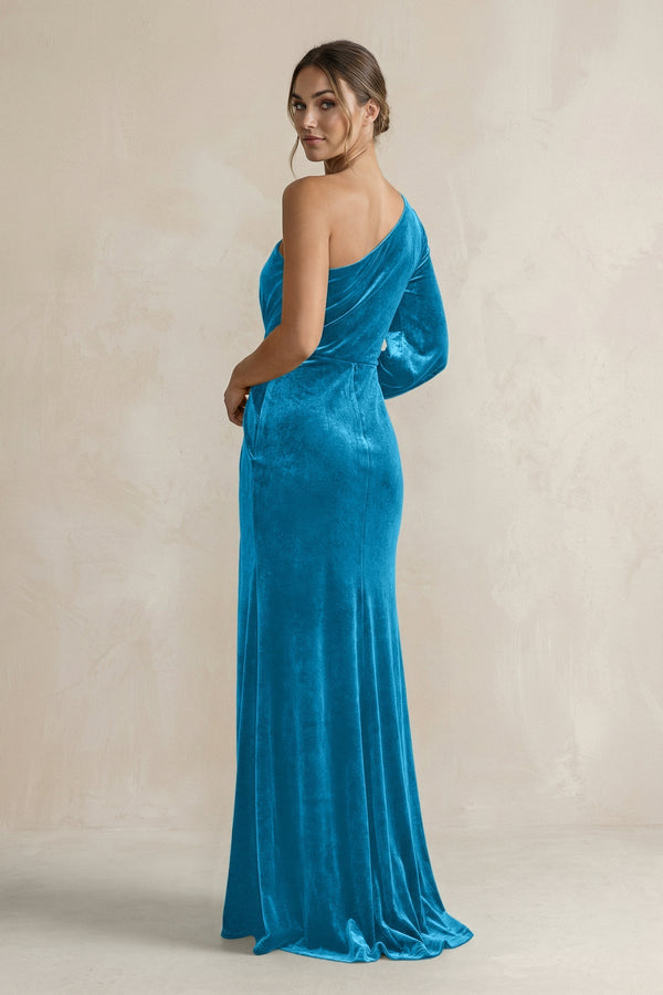 Velvet One Shoulder Sheath Long Sleeve Bridesmaid Dress in Blue Jay - KissProm Bridesmaid Dresses