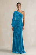 Velvet One Shoulder Sheath Long Sleeve Bridesmaid Dress in Blue Jay - KissProm Bridesmaid Dresses