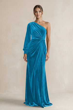 Velvet One Shoulder Sheath Long Sleeve Bridesmaid Dress in Blue Jay - KissProm Bridesmaid Dresses