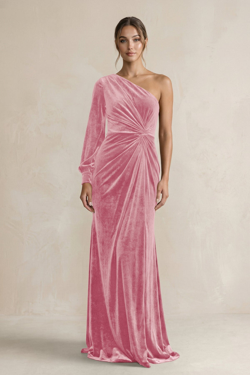 Velvet One Shoulder Sheath Long Sleeve Bridesmaid Dress in Blush Pink - KissProm Bridesmaid Dresses
