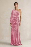 Velvet One Shoulder Sheath Long Sleeve Bridesmaid Dress in Blush Pink - KissProm Bridesmaid Dresses