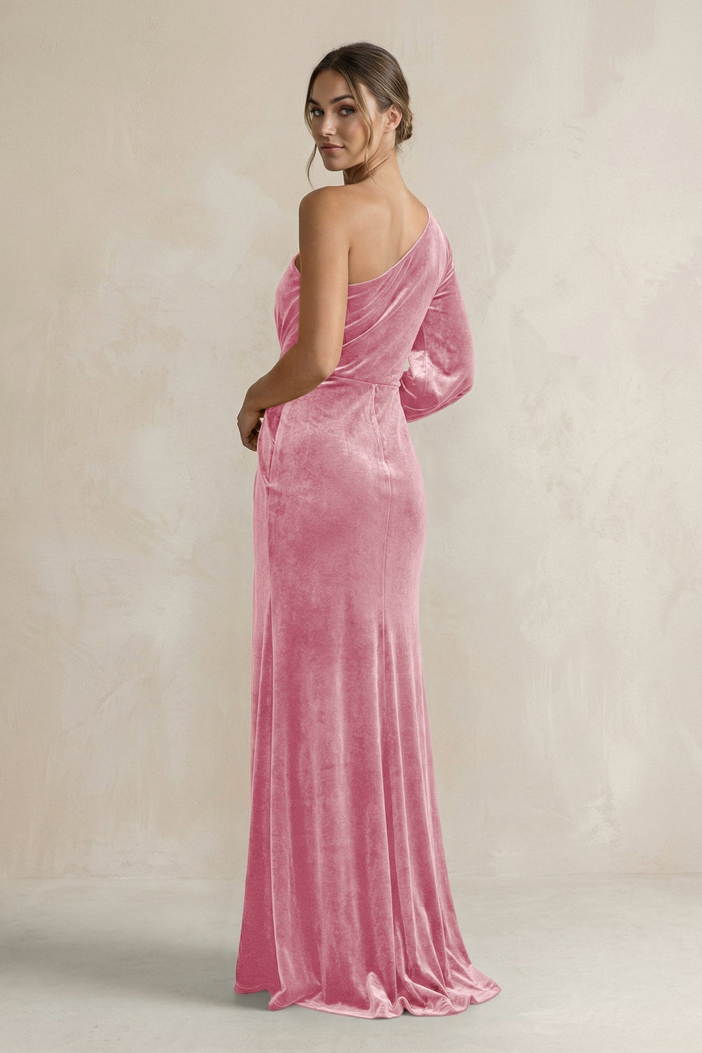 Velvet One Shoulder Sheath Long Sleeve Bridesmaid Dress in Blush Pink - KissProm Bridesmaid Dresses