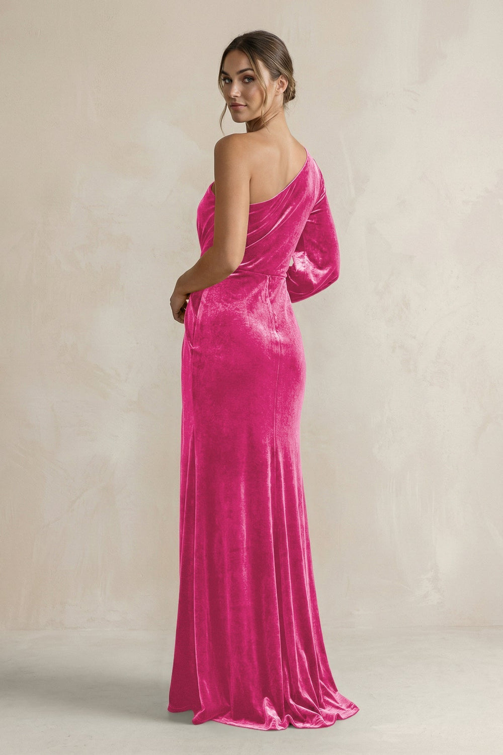 Velvet One Shoulder Sheath Long Sleeve Bridesmaid Dress in Bon Bon Pink - KissProm Bridesmaid Dresses