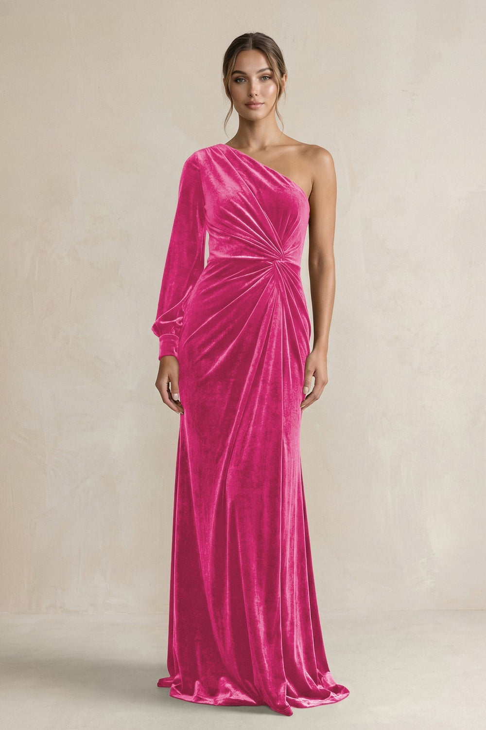 Velvet One Shoulder Sheath Long Sleeve Bridesmaid Dress in Bon Bon Pink - KissProm Bridesmaid Dresses
