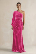 Velvet One Shoulder Sheath Long Sleeve Bridesmaid Dress in Bon Bon Pink - KissProm Bridesmaid Dresses