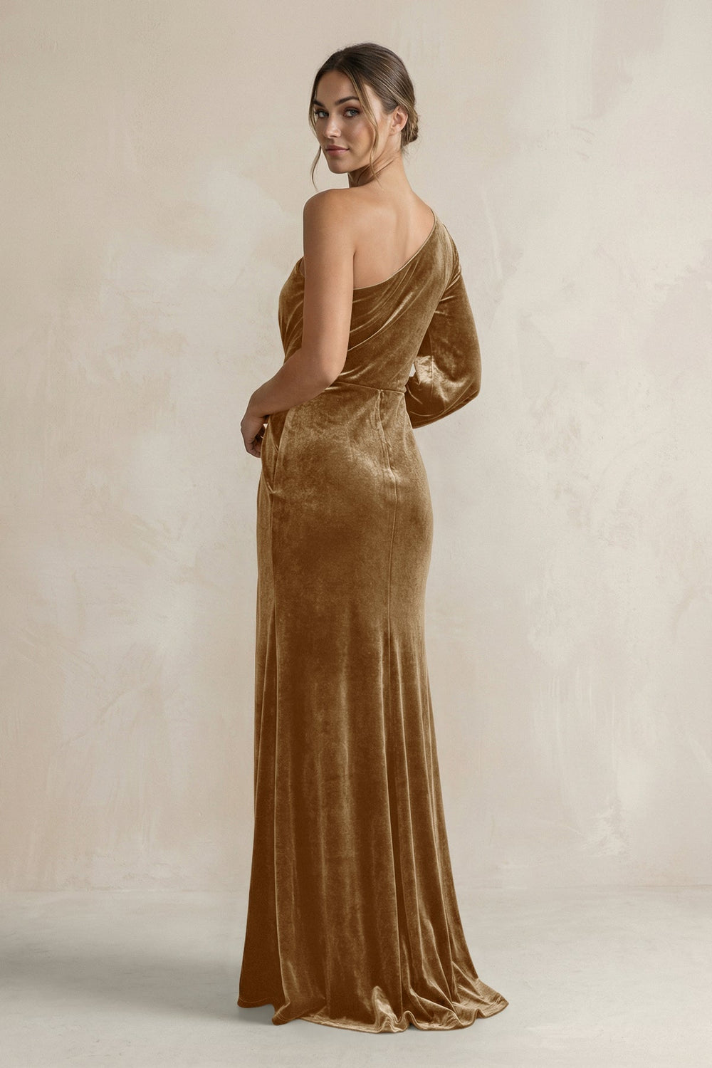 Velvet One Shoulder Sheath Long Sleeve Bridesmaid Dress in Bronzer - KissProm Bridesmaid Dresses