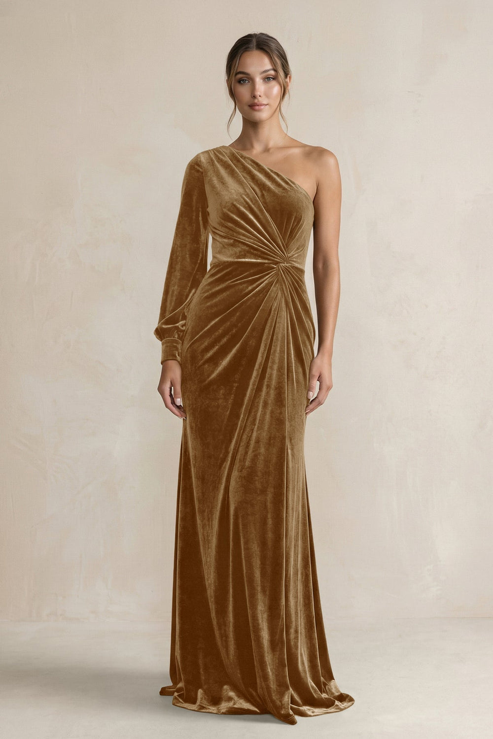 Velvet One Shoulder Sheath Long Sleeve Bridesmaid Dress in Bronzer - KissProm Bridesmaid Dresses