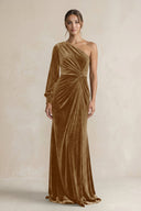 Velvet One Shoulder Sheath Long Sleeve Bridesmaid Dress in Bronzer - KissProm Bridesmaid Dresses
