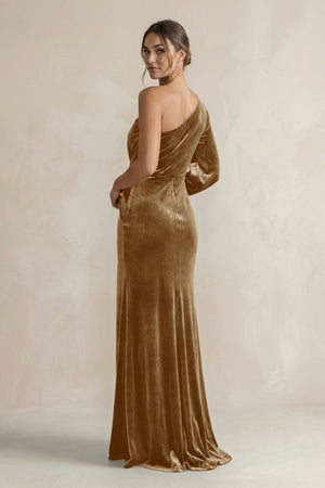 Velvet One Shoulder Sheath Long Sleeve Bridesmaid Dress in Bronzer - KissProm Bridesmaid Dresses