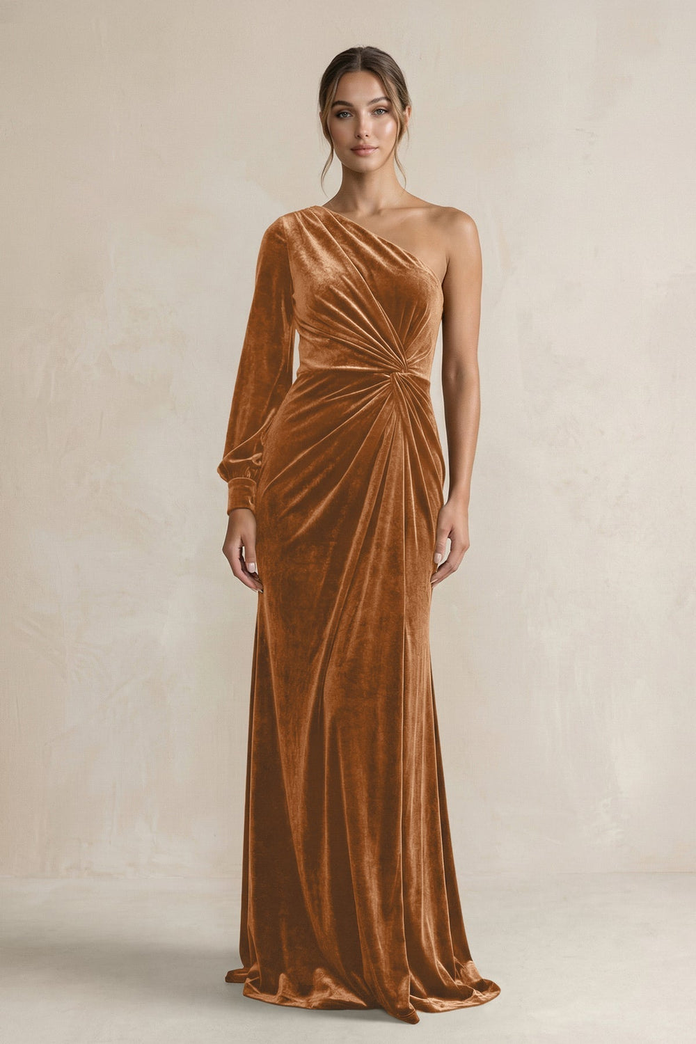 Velvet One Shoulder Sheath Long Sleeve Bridesmaid Dress in Brown - KissProm Bridesmaid Dresses