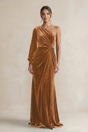 Velvet One Shoulder Sheath Long Sleeve Bridesmaid Dress in Brown - KissProm Bridesmaid Dresses