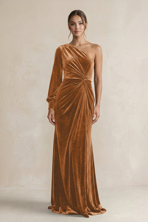 Velvet One Shoulder Sheath Long Sleeve Bridesmaid Dress in Brown - KissProm Bridesmaid Dresses