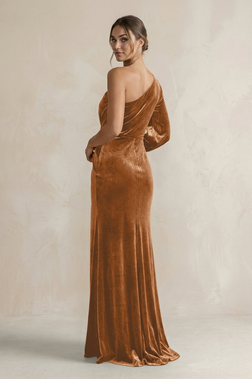 Velvet One Shoulder Sheath Long Sleeve Bridesmaid Dress in Brown - KissProm Bridesmaid Dresses