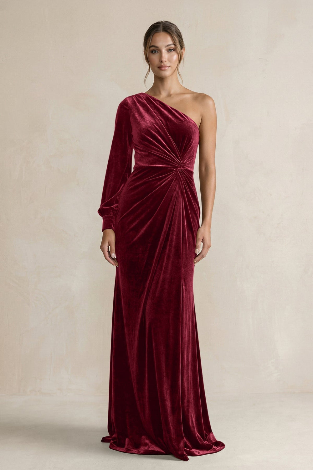Velvet One Shoulder Sheath Long Sleeve Bridesmaid Dress in Burgundy - KissProm Bridesmaid Dresses