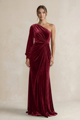 Velvet One Shoulder Sheath Long Sleeve Bridesmaid Dress in Burgundy - KissProm Bridesmaid Dresses