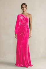 Velvet One Shoulder Sheath Long Sleeve Bridesmaid Dress in Candy Pink - KissProm Bridesmaid Dresses