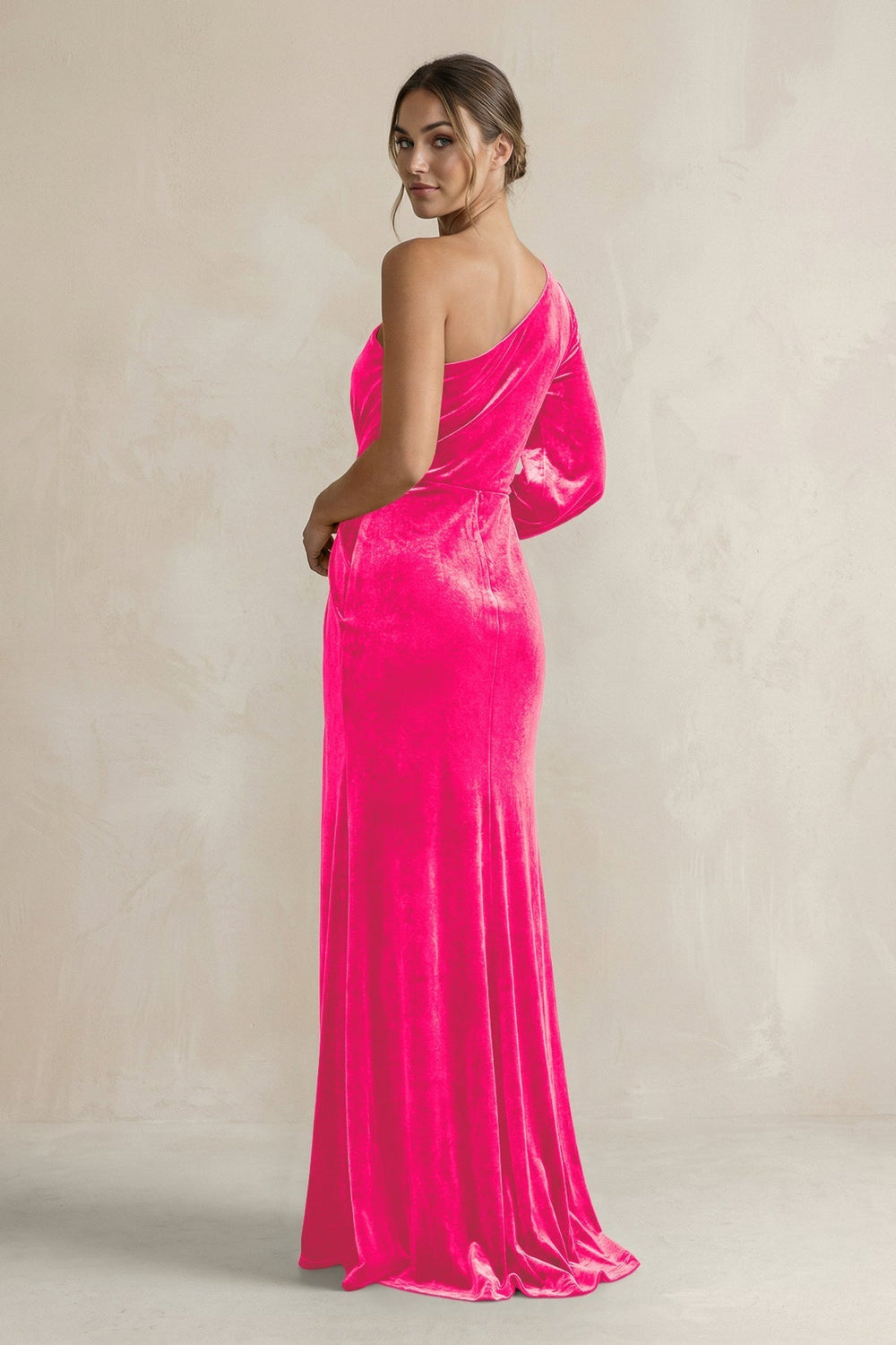 Velvet One Shoulder Sheath Long Sleeve Bridesmaid Dress in Candy Pink - KissProm Bridesmaid Dresses