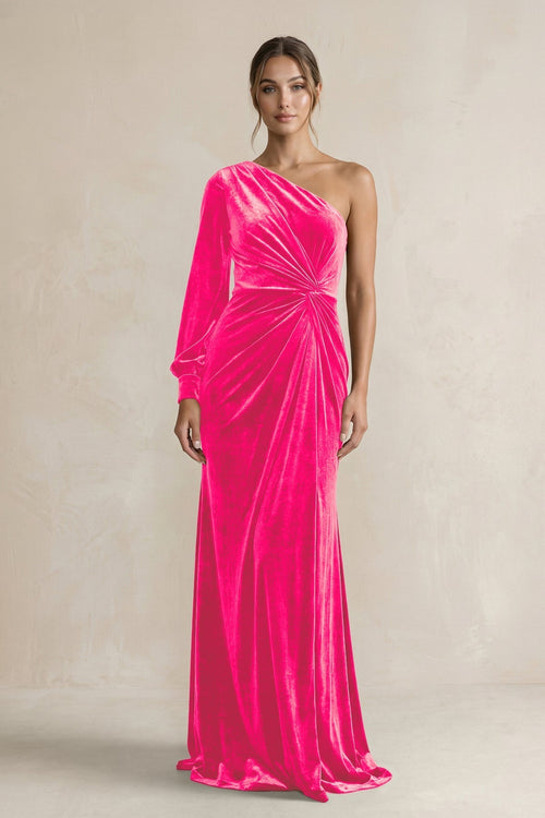 Velvet One Shoulder Sheath Long Sleeve Bridesmaid Dress in Candy Pink - KissProm Bridesmaid Dresses