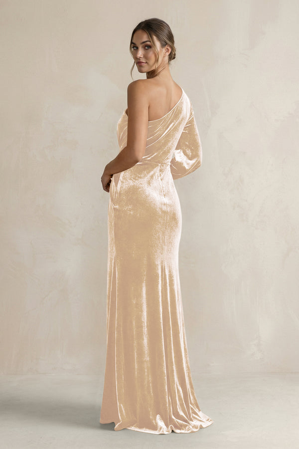 Velvet One Shoulder Sheath Long Sleeve Bridesmaid Dress in Champagne