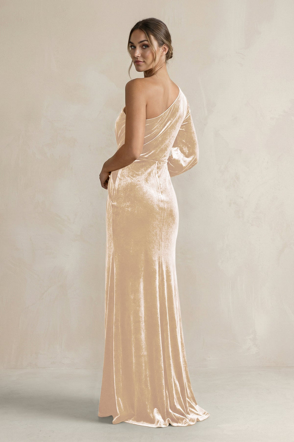 Velvet One Shoulder Sheath Long Sleeve Bridesmaid Dress in Champagne - KissProm Bridesmaid Dresses