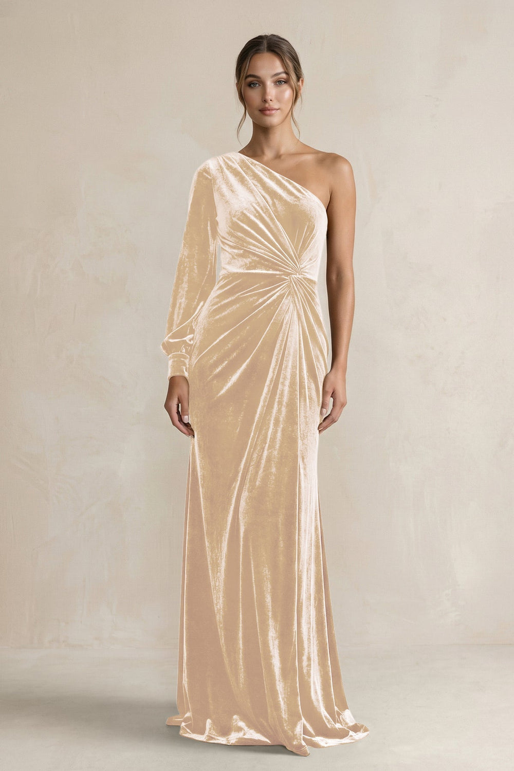 Velvet One Shoulder Sheath Long Sleeve Bridesmaid Dress in Champagne - KissProm Bridesmaid Dresses